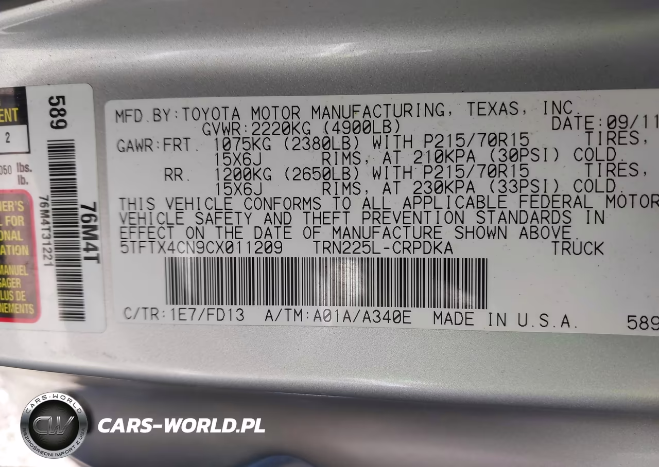 2012 Toyota Tacoma VIN:5TFTX4CN9CX011209 - 9