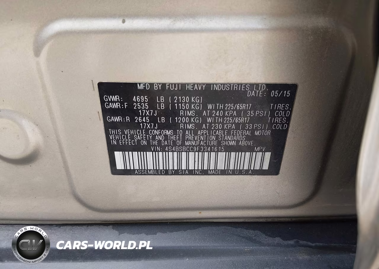 2015 Subaru Outback 2.5I Premium VIN:4S4BSBCC9F3341615 - 9