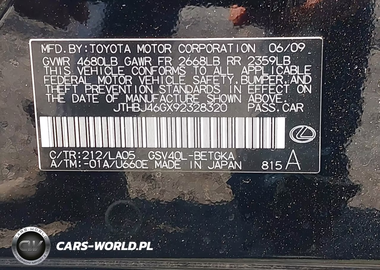 2009 Lexus Es 350 VIN:JTHBJ46GX92328320 - 9