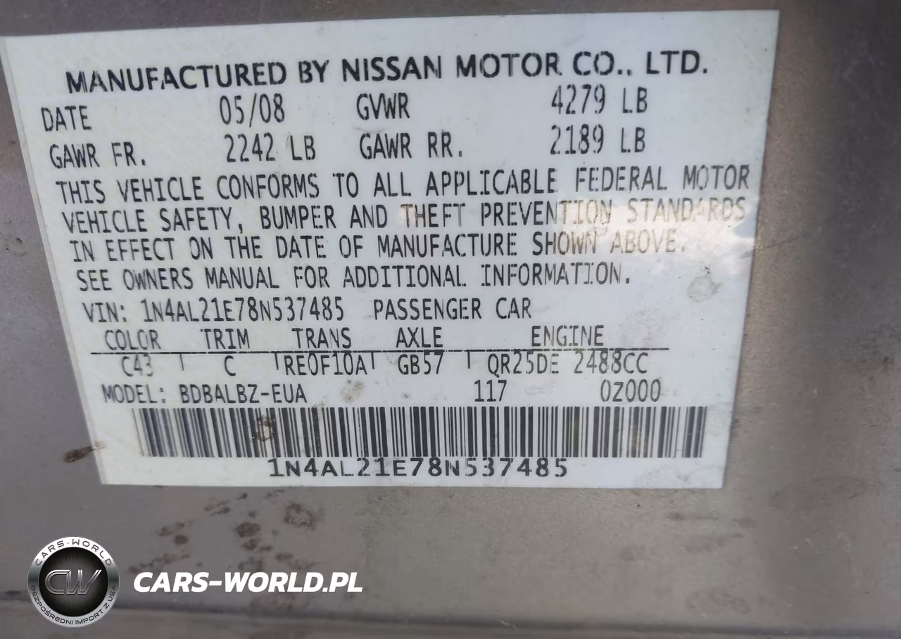 2008 Nissan Altima 2.5 S VIN:1N4AL21E78N537485 - 9