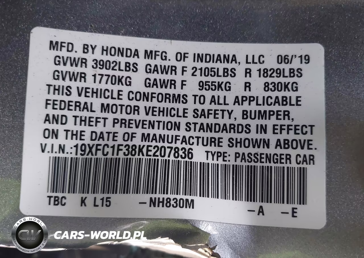 2019 Honda Civic Ex VIN:19XFC1F38KE207836 - 9