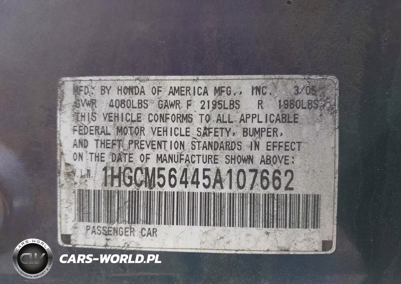 2005 Honda Accord 2.4 Lx VIN:1HGCM56445A107662 - 9