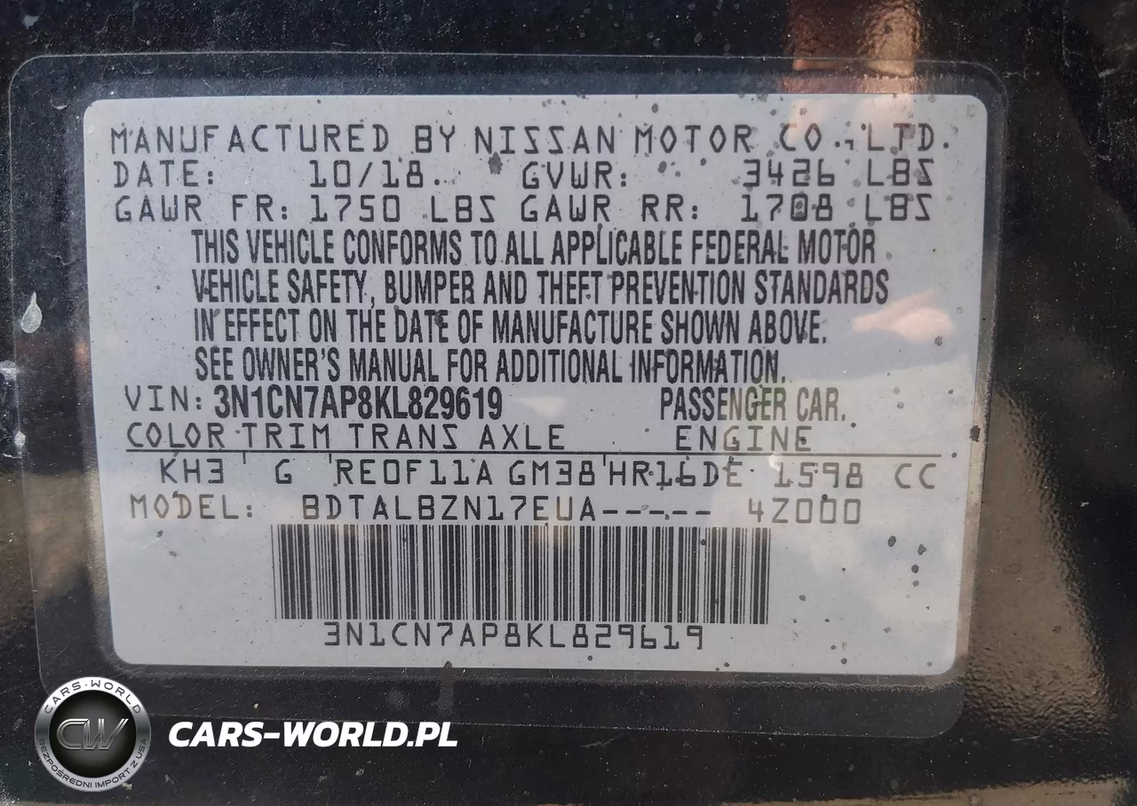 2019 Nissan Versa 1.6 Sv VIN:3N1CN7AP8KL829619 - 9