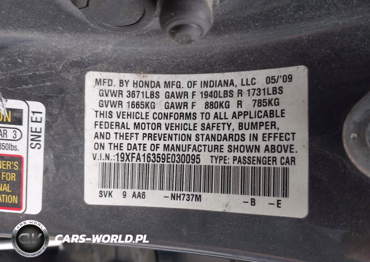 2009 Honda Civic Vp VIN:19XFA16359E030095 - 9