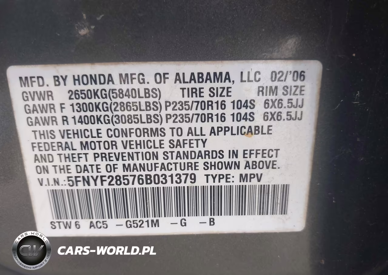 2006 Honda Pilot Ex-L VIN:5FNYF28576B031379 - 9