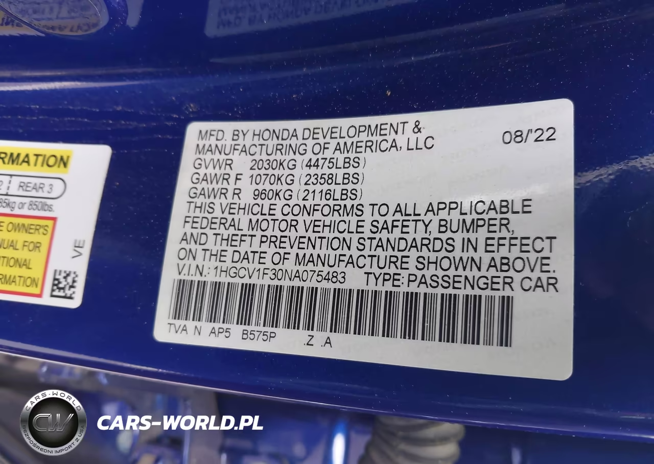 2022 Honda Accord Sport VIN:1HGCV1F30NA075483 - 9