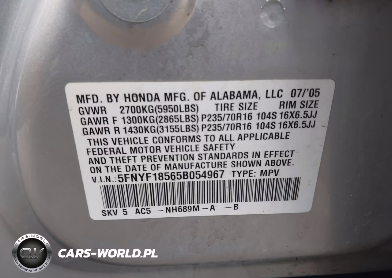 2005 Honda Pilot Ex-L VIN:5FNYF18565B054967 - 9