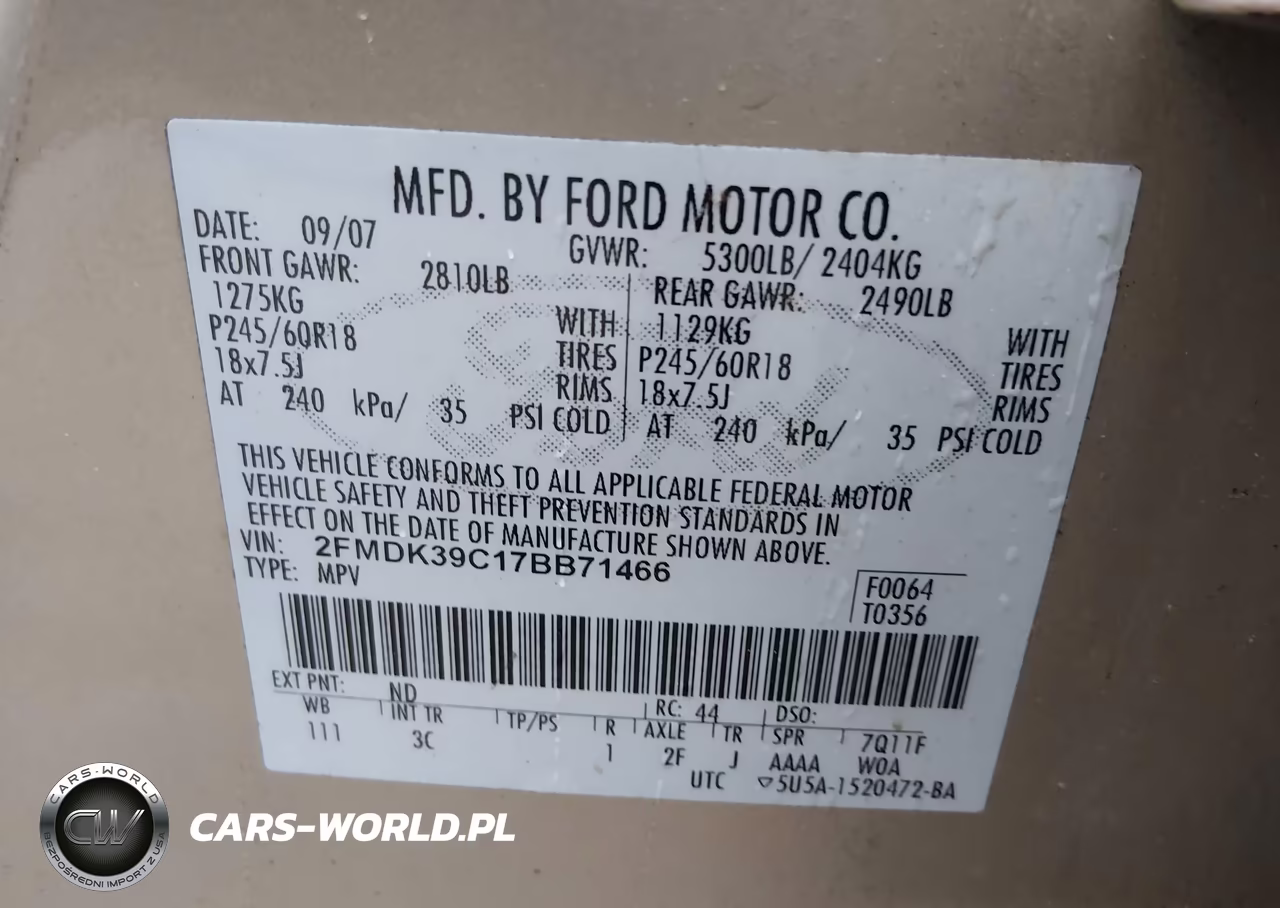 2007 Ford Edge Sel Plus VIN:2FMDK39C17BB71466 - 9