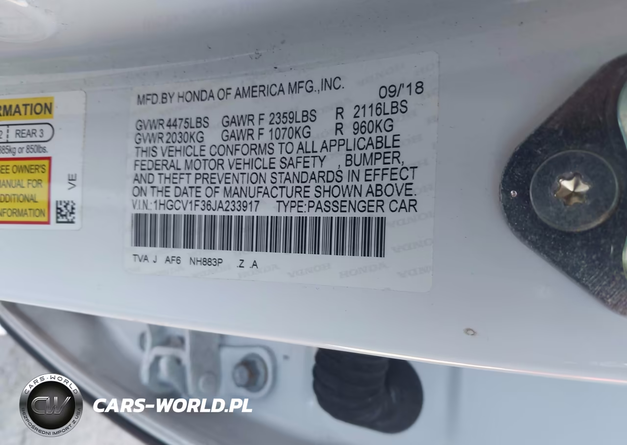 2018 Honda Accord Sport VIN:1HGCV1F36JA233917 - 9
