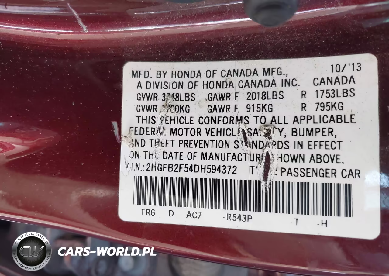 2013 Honda Civic Lx VIN:2HGFB2F54DH594372 - 9