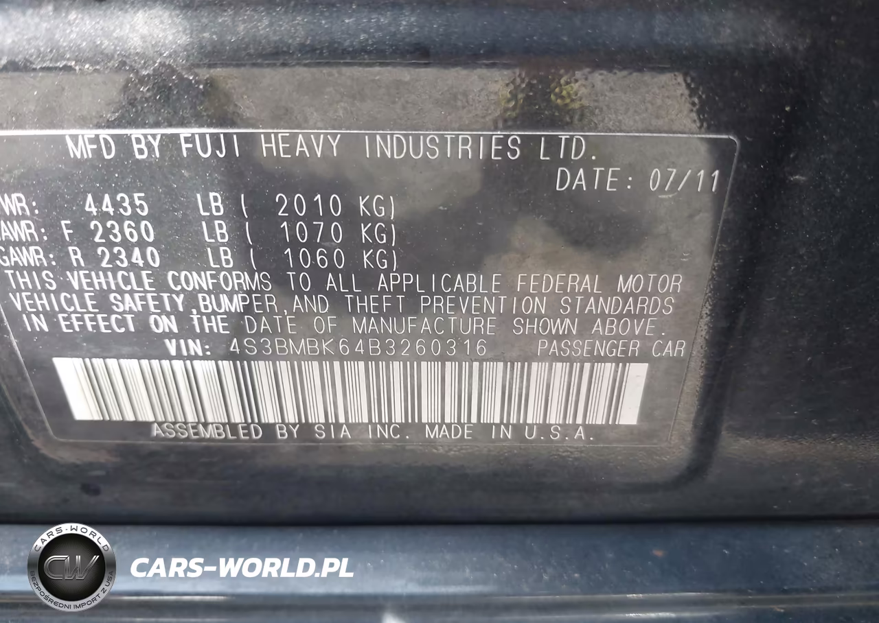 2011 Subaru Legacy 2.5I Limited VIN:4S3BMBK64B3260316 - 9