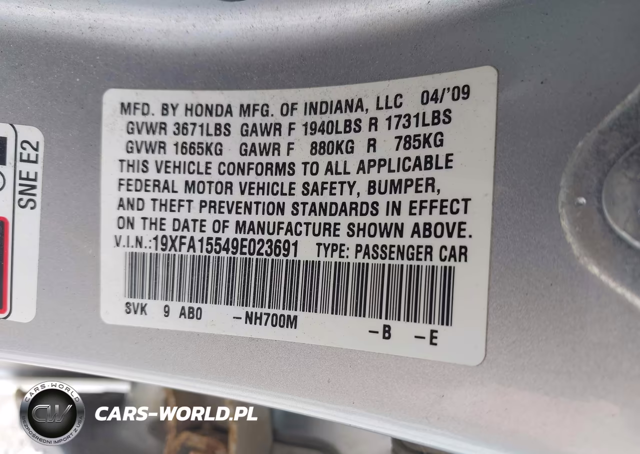 2009 Honda Civic Lx VIN:19XFA15549E023691 - 9