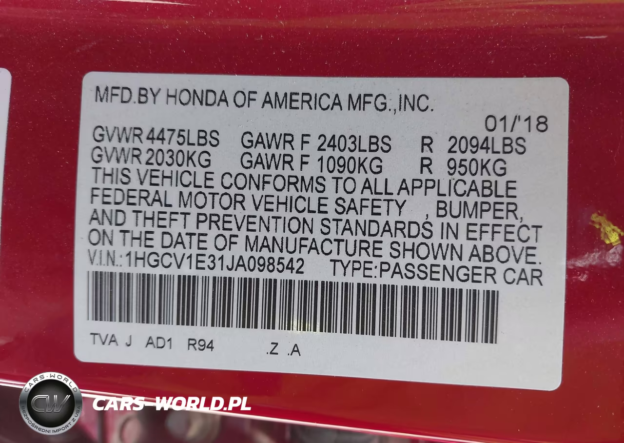 2018 Honda Accord Sport VIN:1HGCV1E31JA098542 - 9