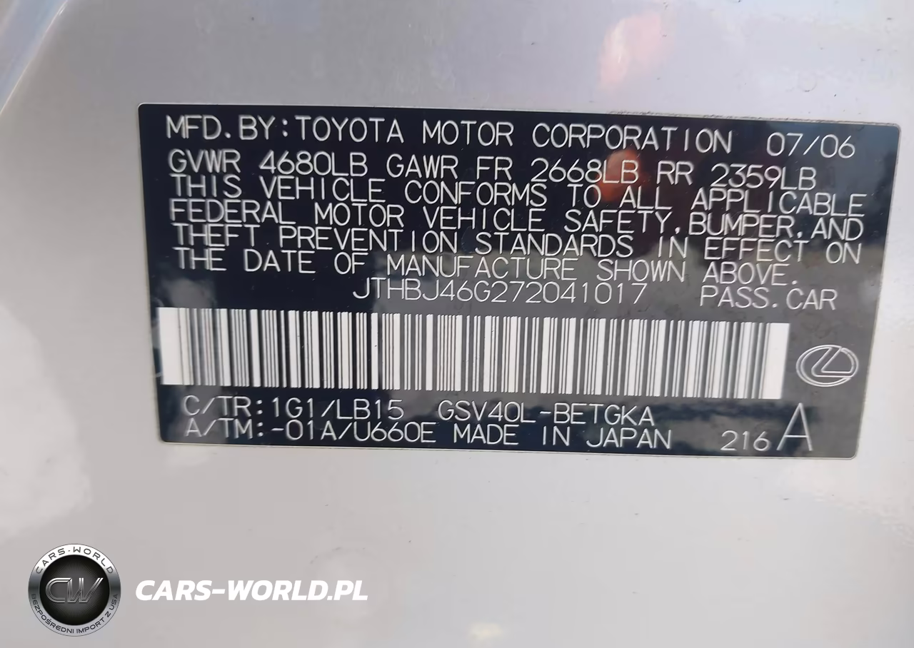 2007 Lexus Es 350 VIN:JTHBJ46G272041017 - 9