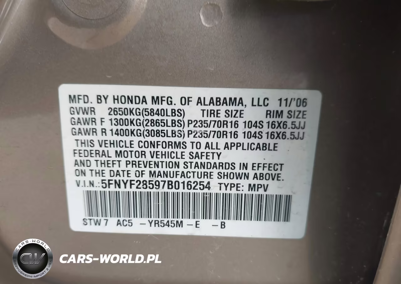 2007 Honda Pilot Ex-L VIN:5FNYF28597B016254 - 9