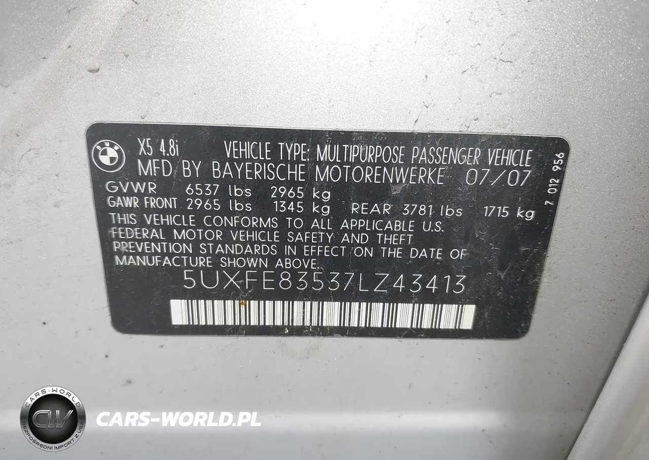 2007 BMW X5 4.8I VIN:5UXFE83537LZ43413 - 9