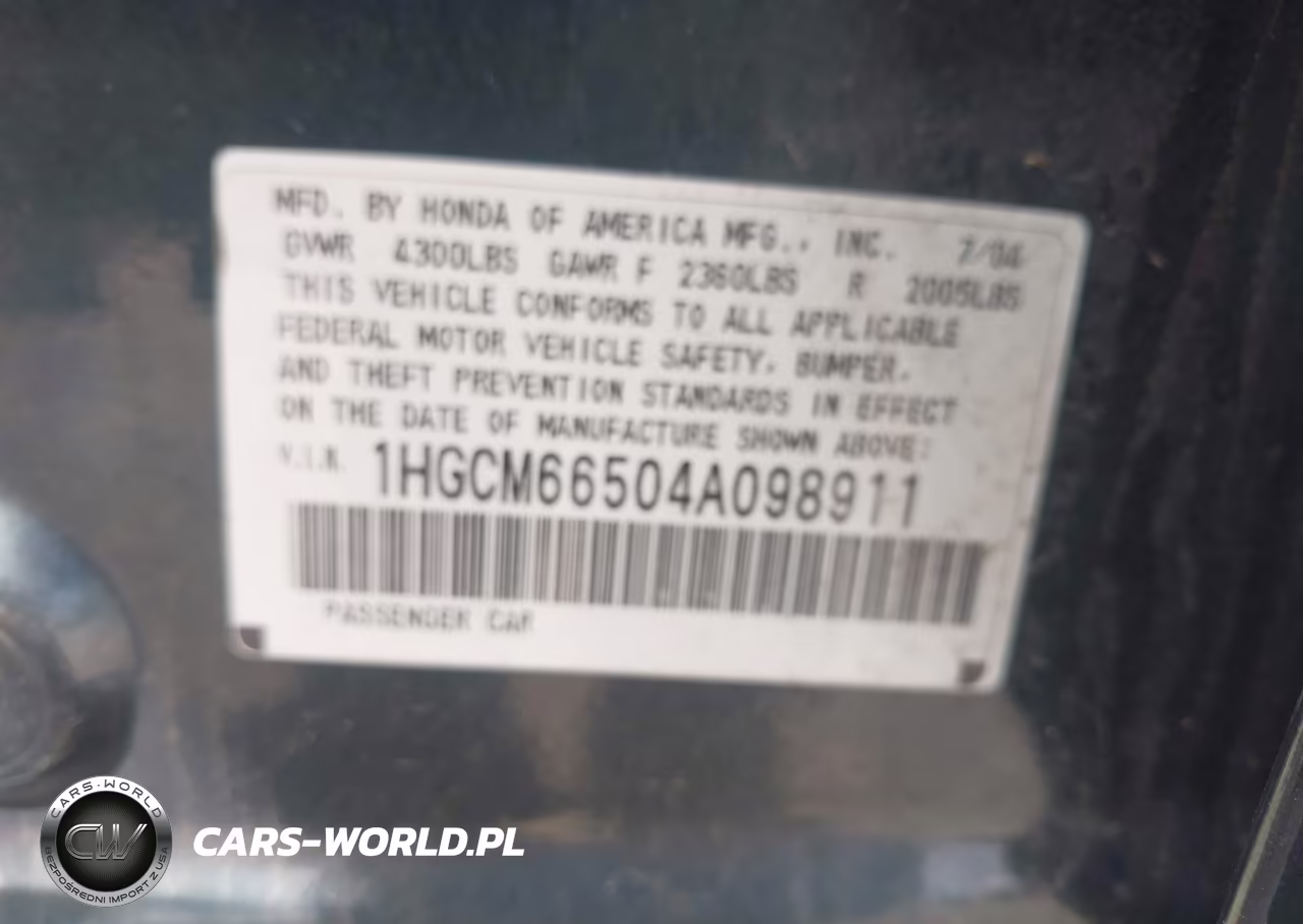 2004 Honda Accord 3.0 Ex VIN:1HGCM66504A098911 - 9