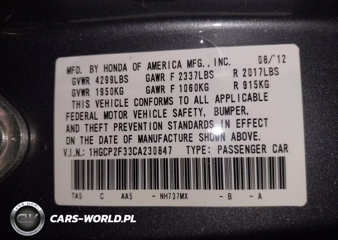 2012 Honda Accord 2.4 Lx VIN:1HGCP2F33CA230847 - 9