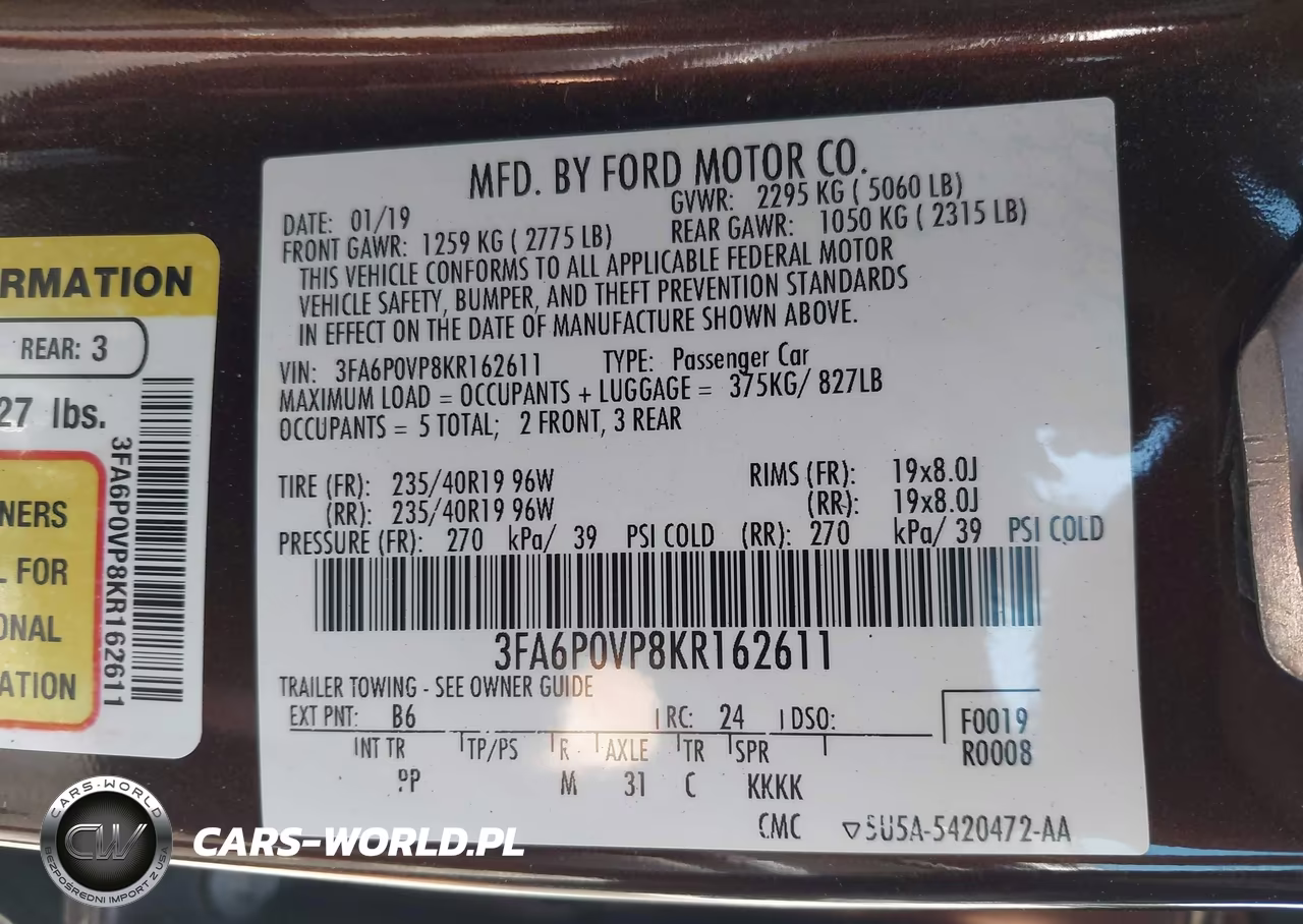 2019 Ford Fusion Sport VIN:3FA6P0VP8KR162611 - 9