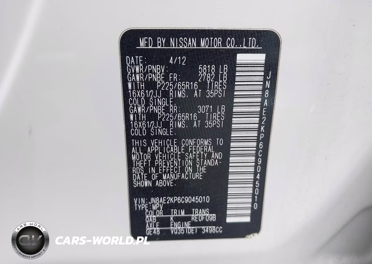 2012 Nissan Quest S VIN:JN8AE2KP6C9045010 - 9