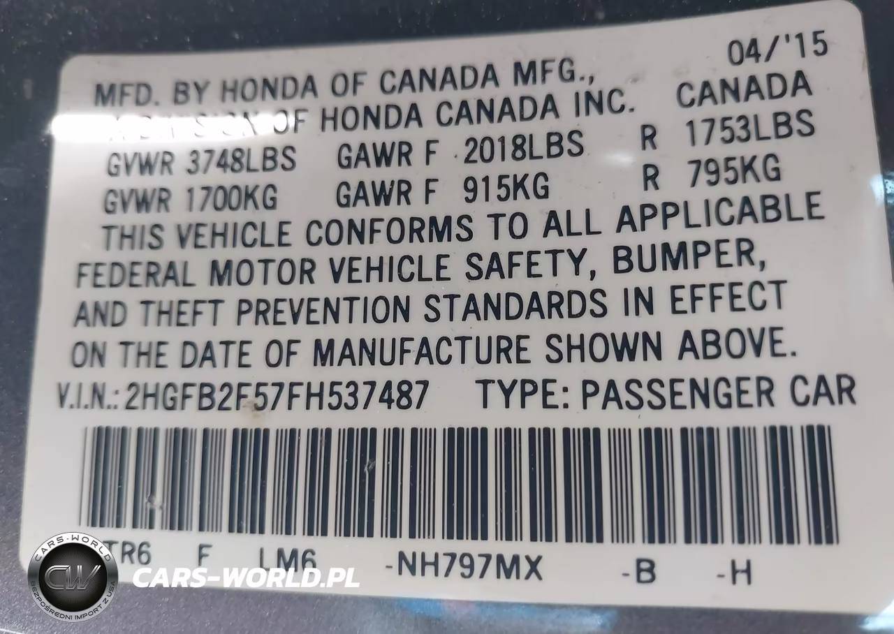 2015 Honda Civic Lx VIN:2HGFB2F57FH537487 - 9