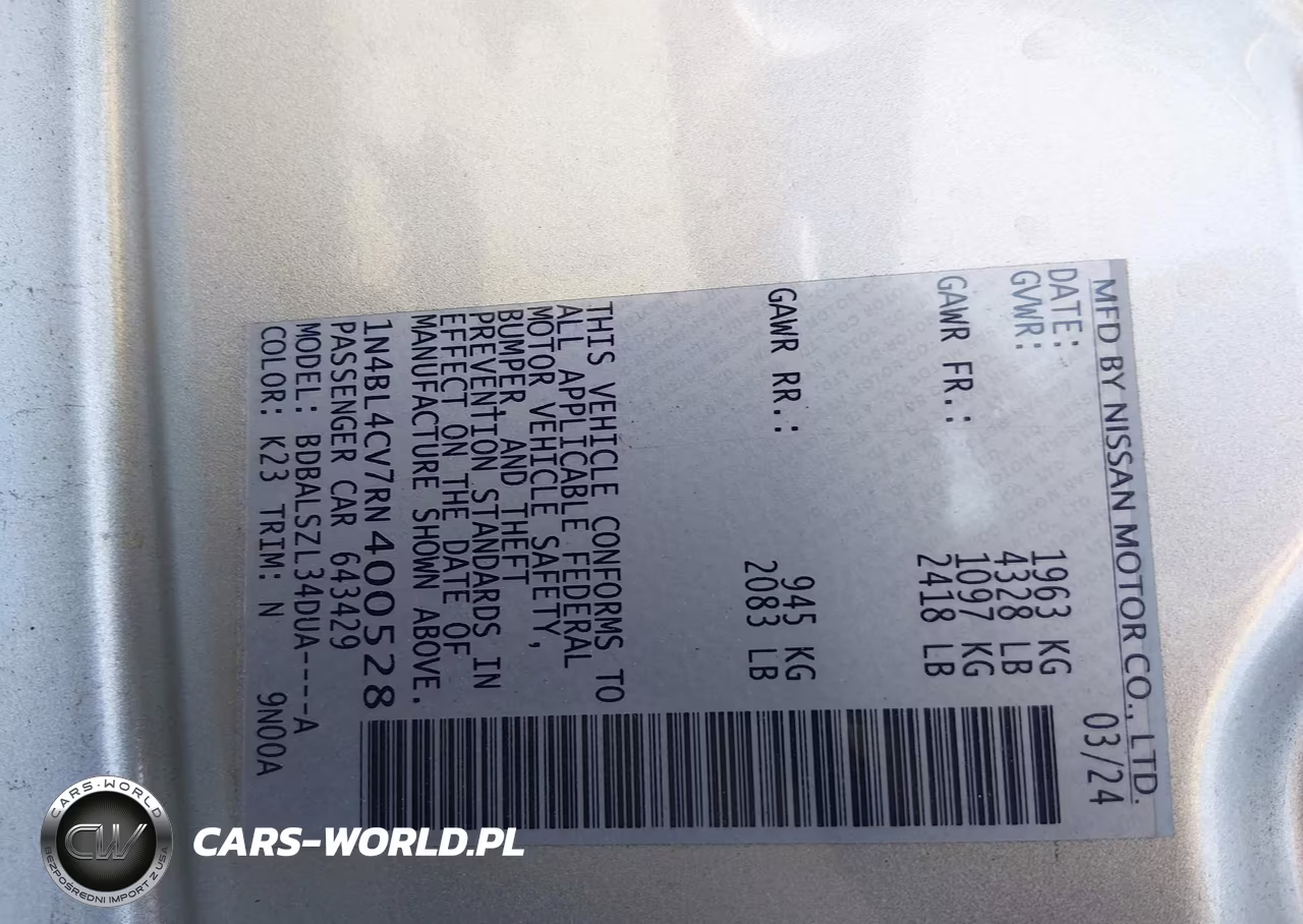 2024 Nissan Altima Sr Fwd VIN:1N4BL4CV7RN400528 - 9