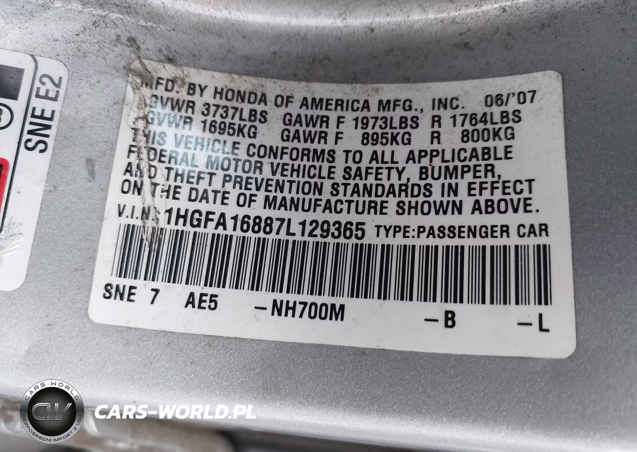 2007 Honda Civic Ex VIN:1HGFA16887L129365 - 9