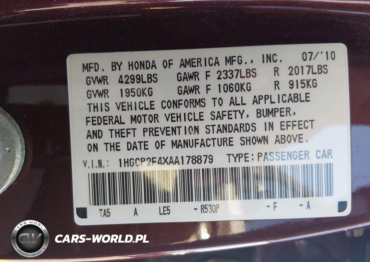 2010 Honda Accord 2.4 Lx-P VIN:1HGCP2F4XAA178879 - 9