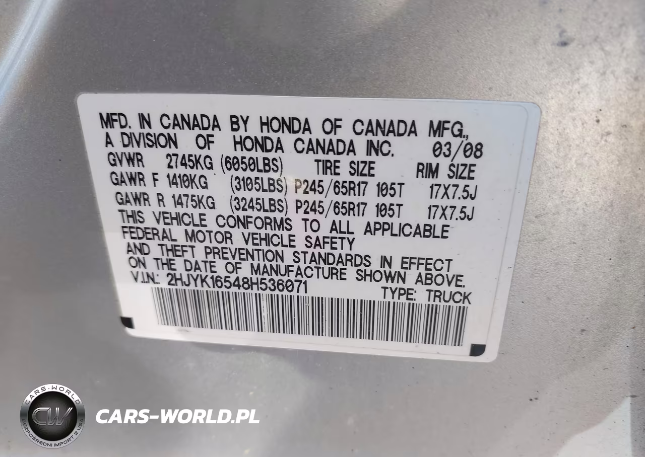 2008 Honda Ridgeline Rtl VIN:2HJYK16548H536071 - 9