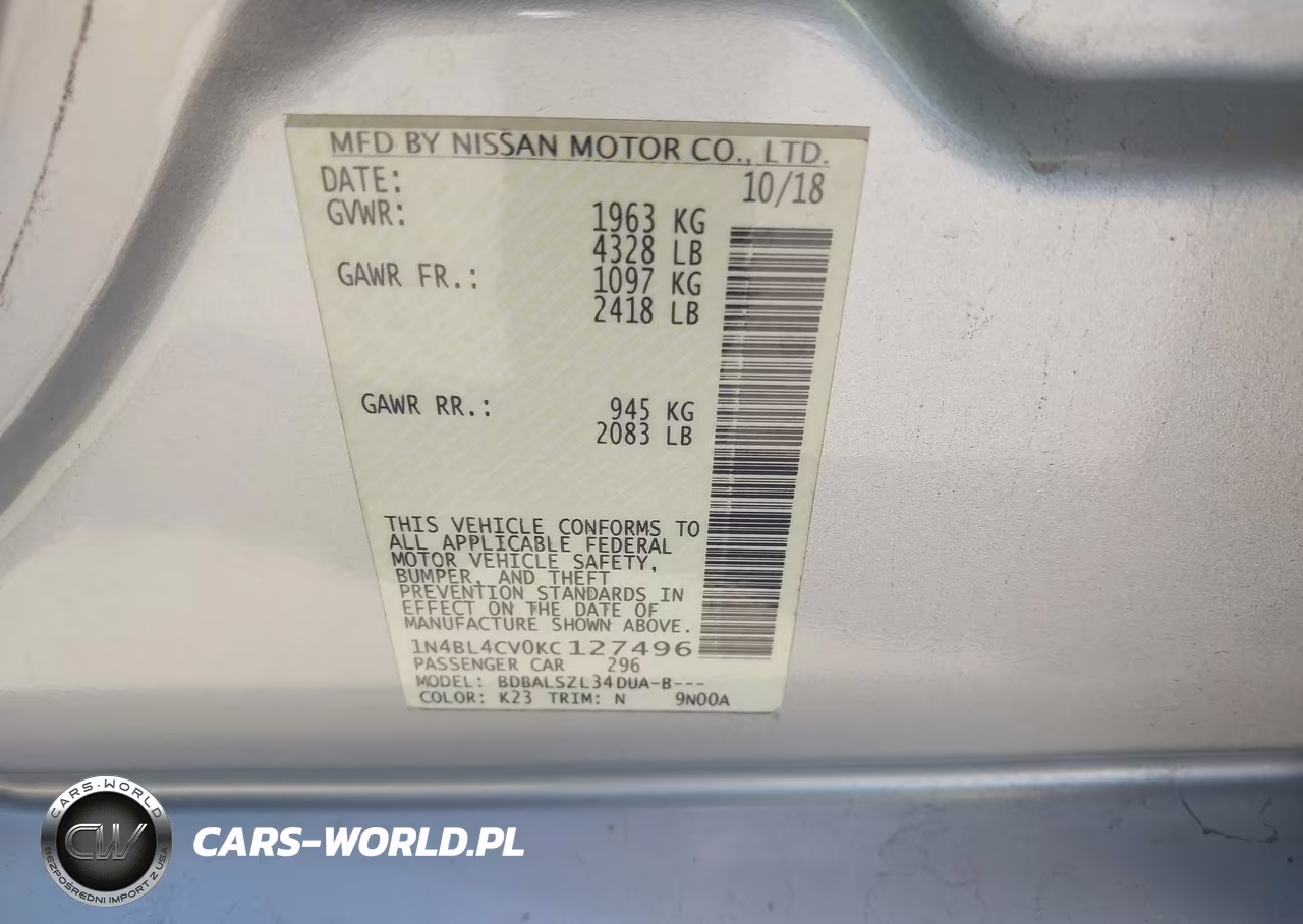 2019 Nissan Altima 2.5 Sr VIN:1N4BL4CV0KC127496 - 9