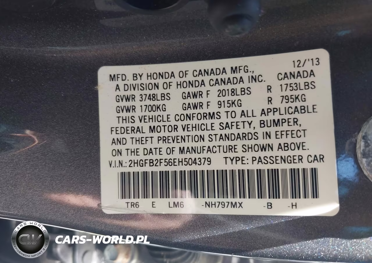 2014 Honda Civic Lx VIN:2HGFB2F56EH504379 - 9