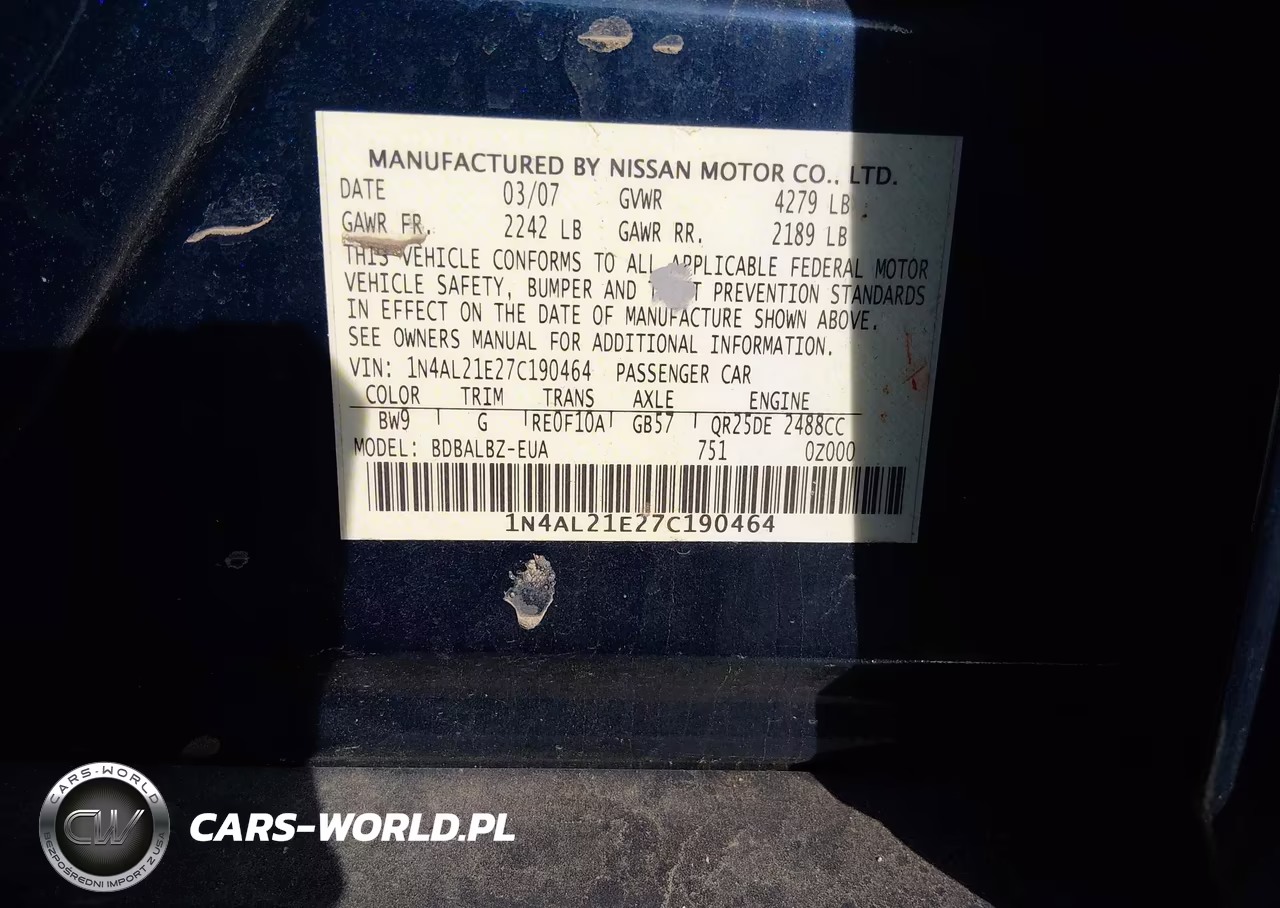 2007 Nissan Altima 2.5 S VIN:1N4AL21E27C190464 - 9