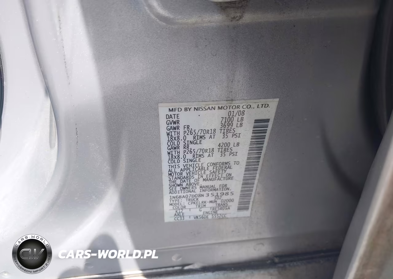 2008 Nissan Titan Le-Se VIN:1N6BA07D08N351985 - 9