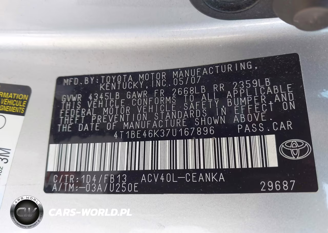 2007 Toyota Camry Le VIN:4T1BE46K37U167896 - 9