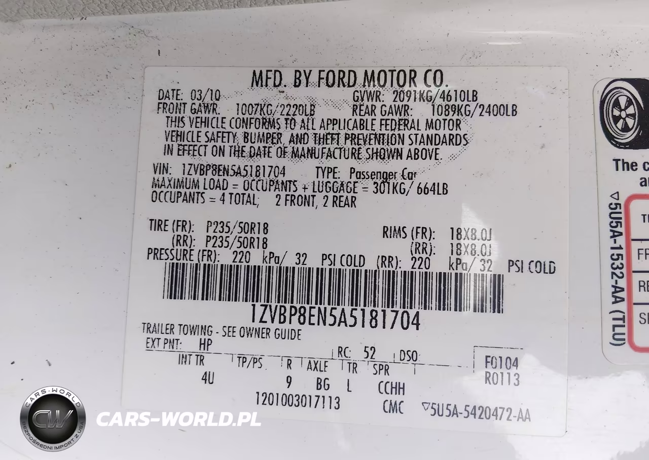 2010 Ford Mustang V6 Premium VIN:1ZVBP8EN5A5181704 - 9
