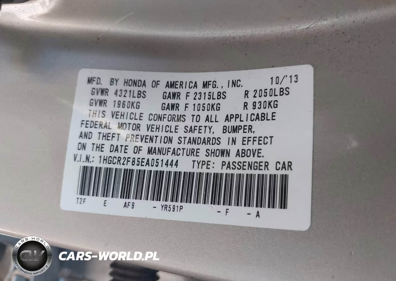 2014 Honda Accord Ex-L VIN:1HGCR2F85EA051444 - 9