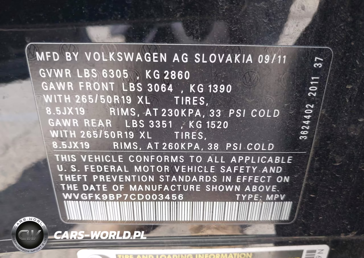 2012 Volkswagen Touareg Tdi Lux VIN:WVGFK9BP7CD003456 - 9