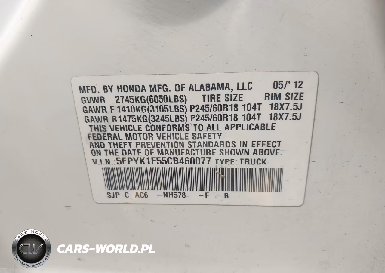 2012 Honda Ridgeline Rtl VIN:5FPYK1F55CB460077 - 9