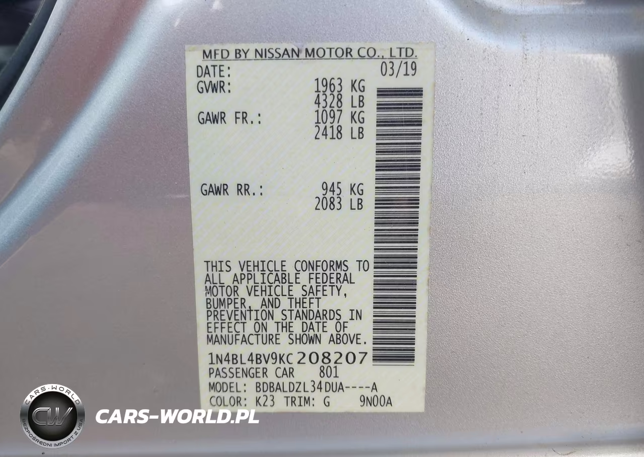 2019 Nissan Altima 2.5 S VIN:1N4BL4BV9KC208207 - 9
