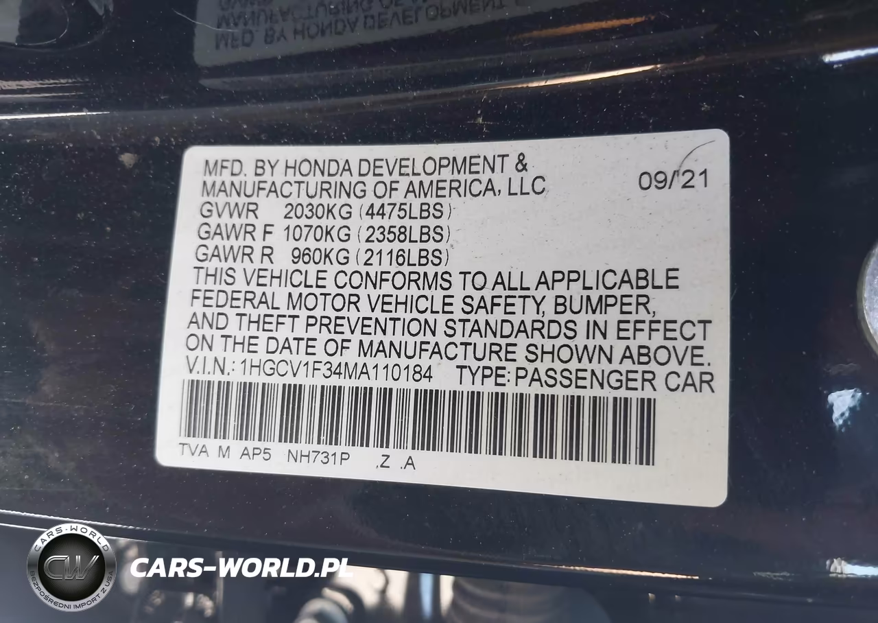 2021 Honda Accord Sport VIN:1HGCV1F34MA110184 - 9