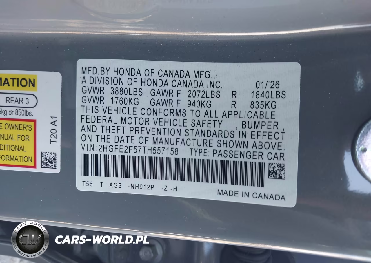 2026 Honda Civic Sport VIN:2HGFE2F57TH557158 - 9