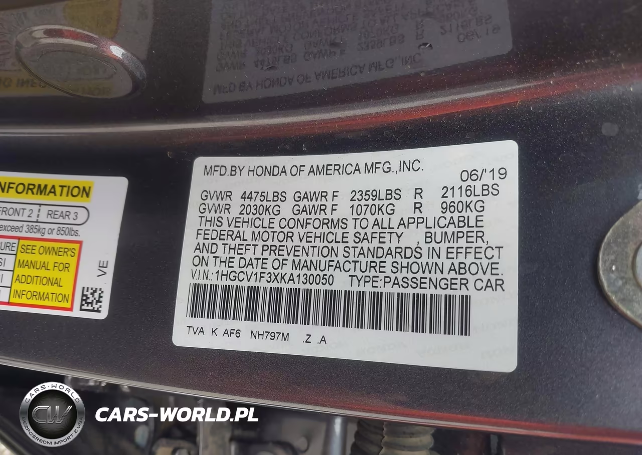 2019 Honda Accord Sport VIN:1HGCV1F3XKA130050 - 9