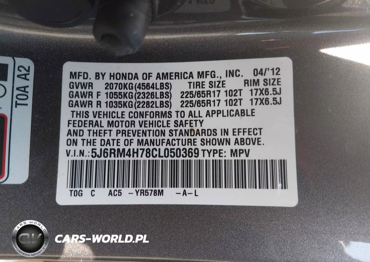 2012 Honda Cr-V Ex-L VIN:5J6RM4H78CL050369 - 9
