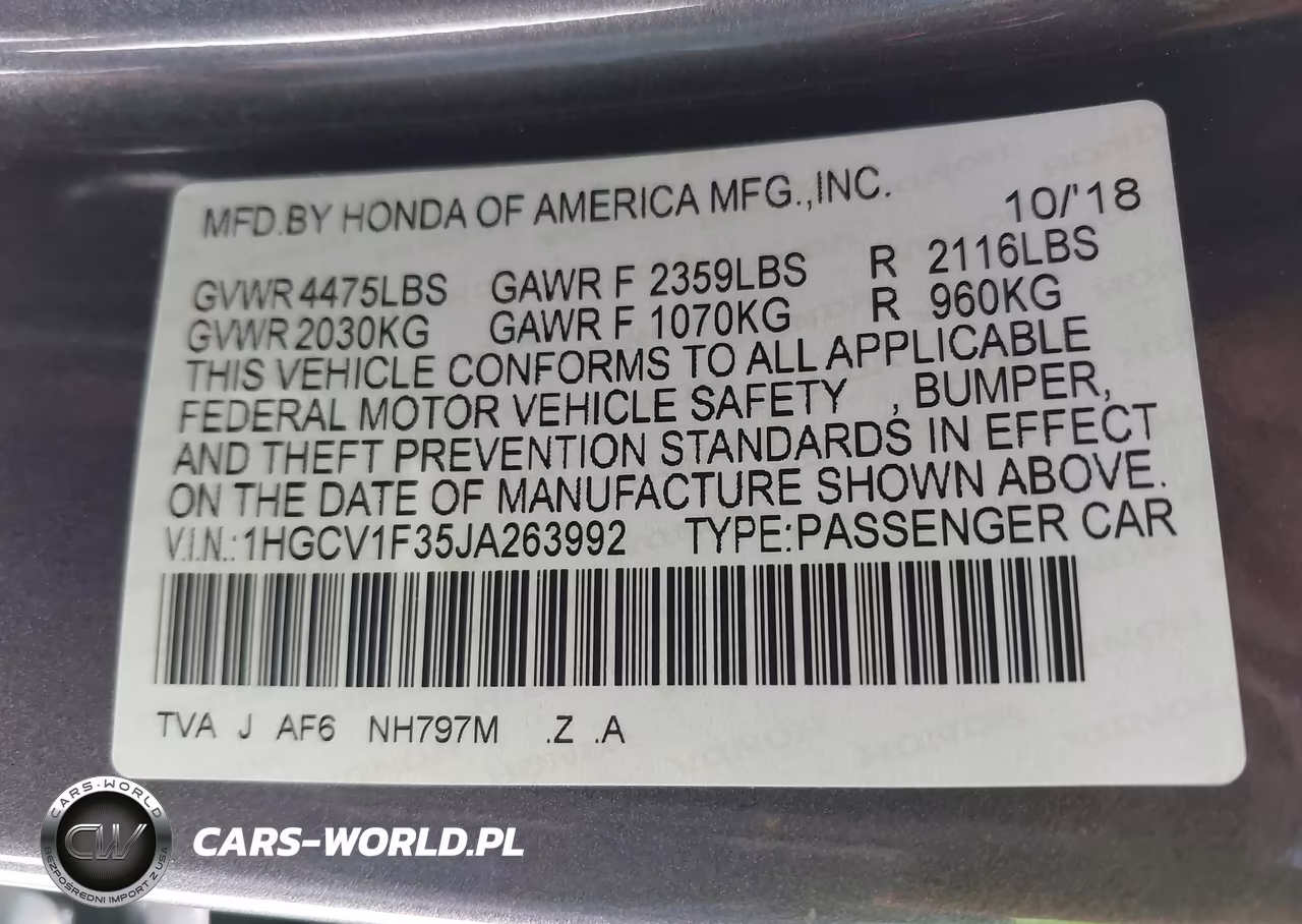 2018 Honda Accord Sport VIN:1HGCV1F35JA263992 - 9