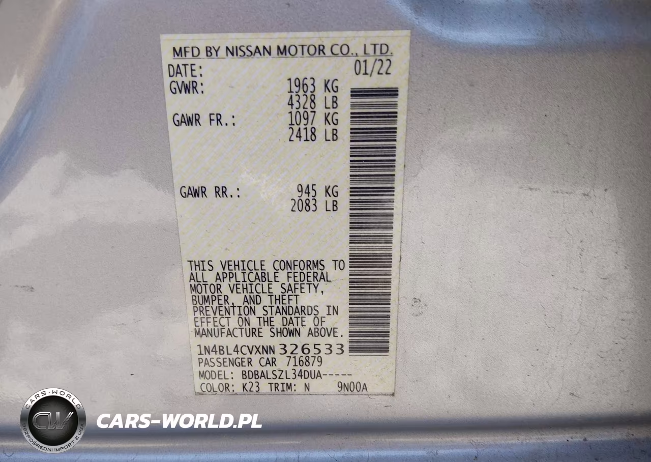 2022 Nissan Altima Sr Fwd VIN:1N4BL4CVXNN326533 - 9
