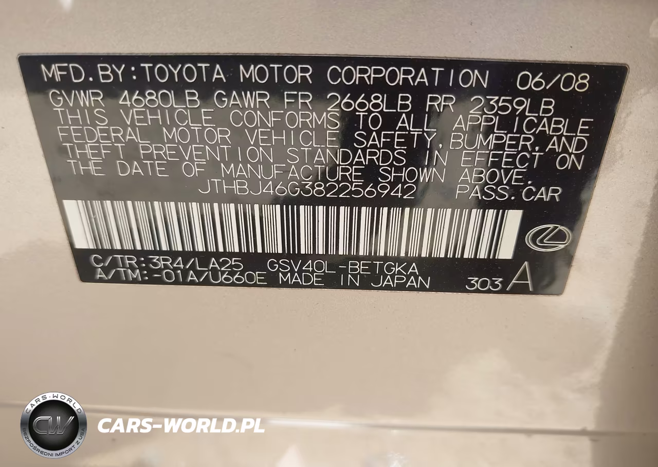 2008 Lexus Es 350 VIN:JTHBJ46G382256942 - 9