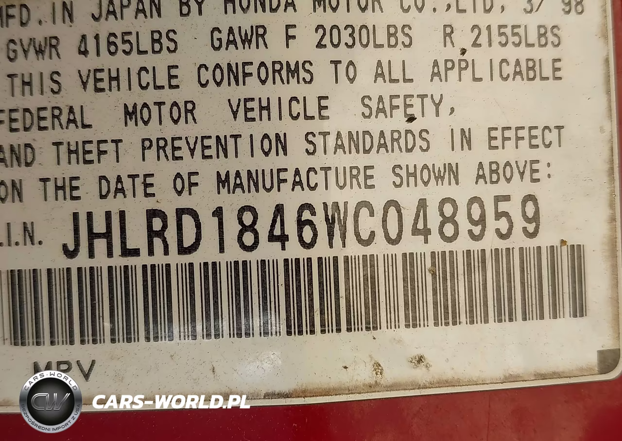 1998 Honda Cr-V Lx VIN:JHLRD1846WC048959 - 9