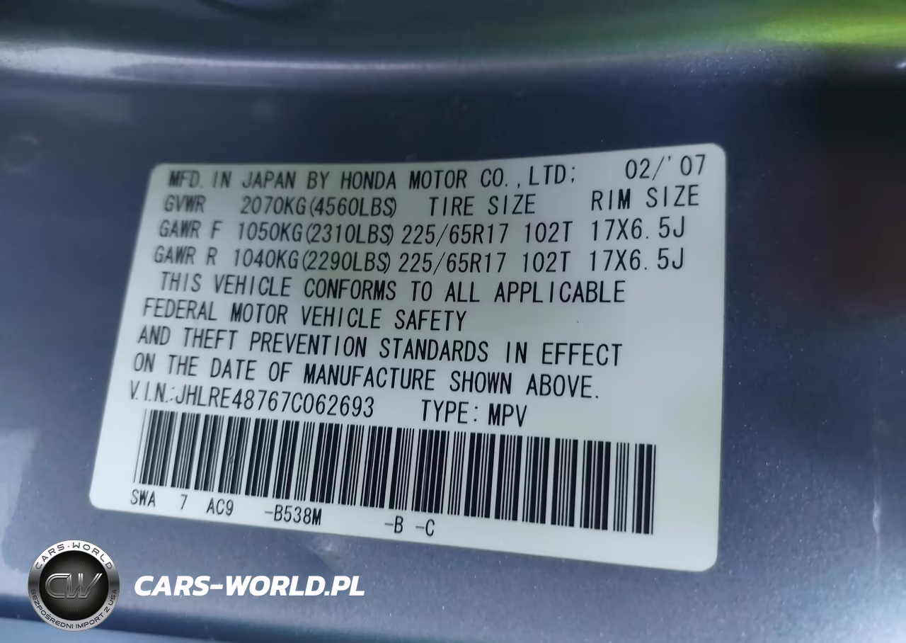 2007 Honda Cr-V Ex-L VIN:JHLRE48767C062693 - 9
