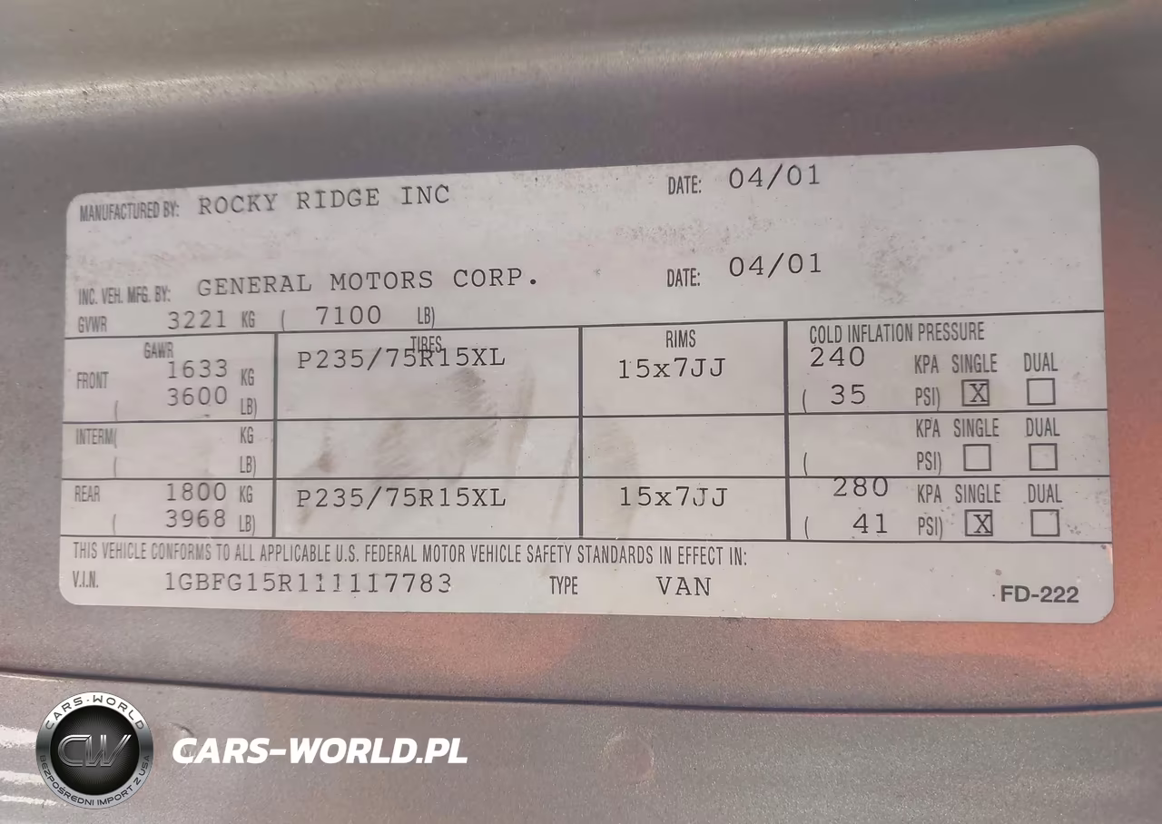 2001 Chevrolet Express Upfitter VIN:1GBFG15R111117783 - 9