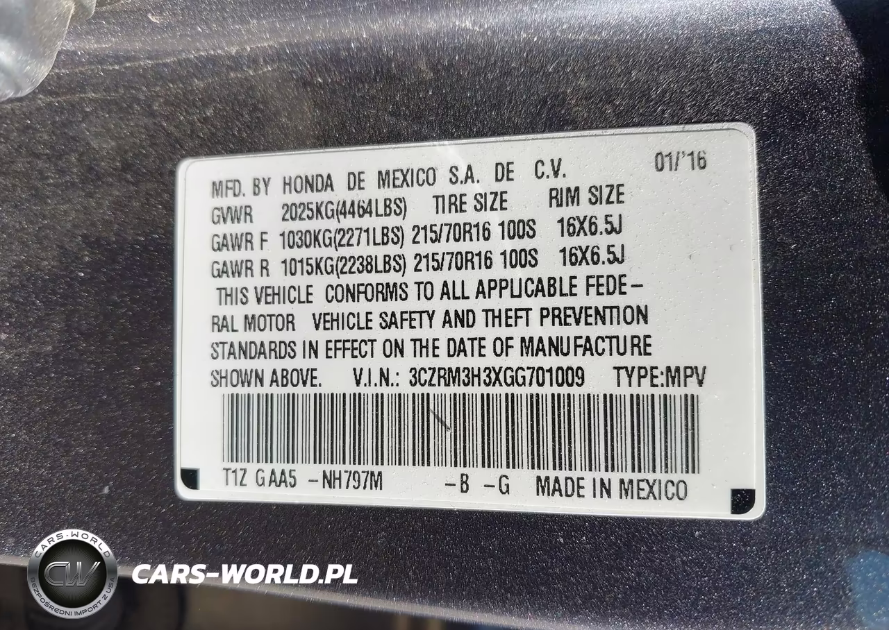 2016 Honda Cr-V Lx VIN:3CZRM3H3XGG701009 - 9